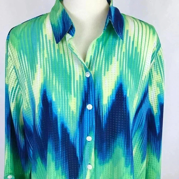 Alia Sheer Gingham Tye Die Button Down Top Shirt Blue Green Yellow Zigzag 16 - Picture 7 of 12